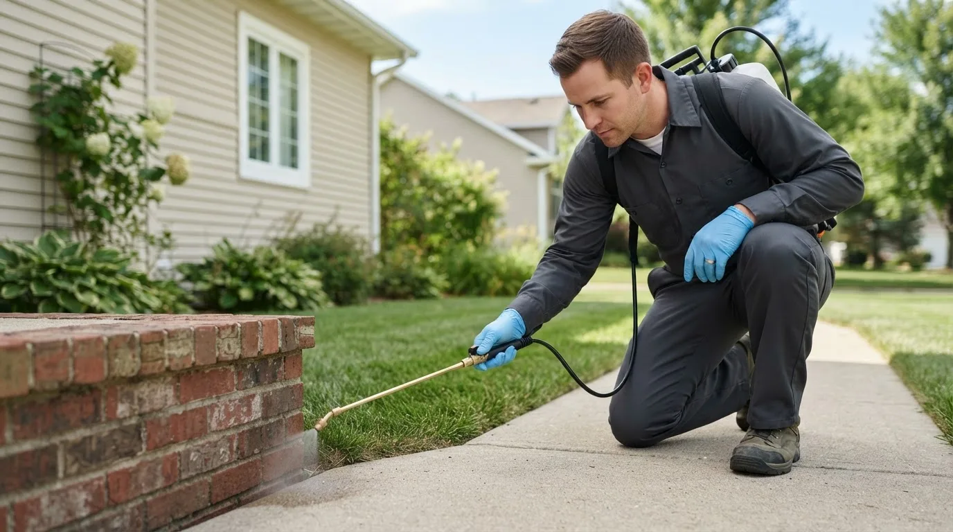 Pest control technician treating a home near East Hampstead, NH