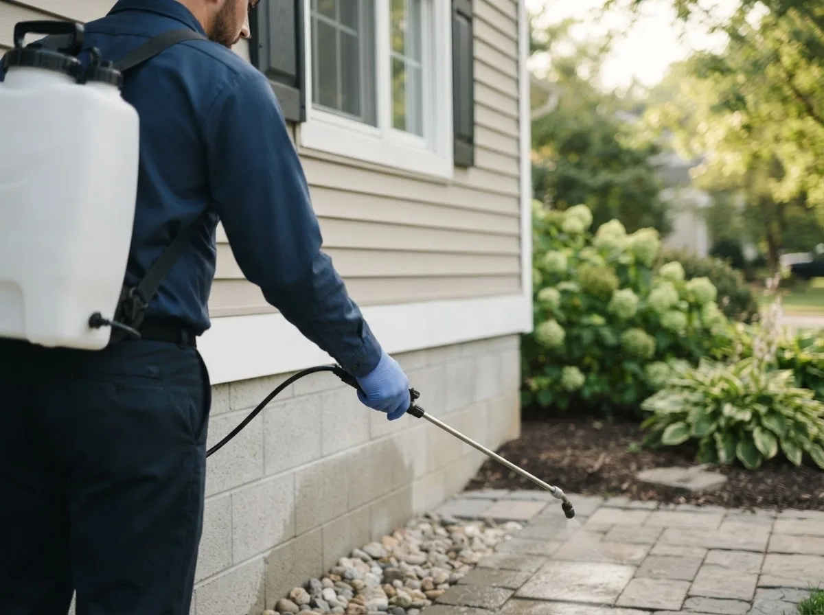 Pest control technician inspecting a home in East Hampstead, NH